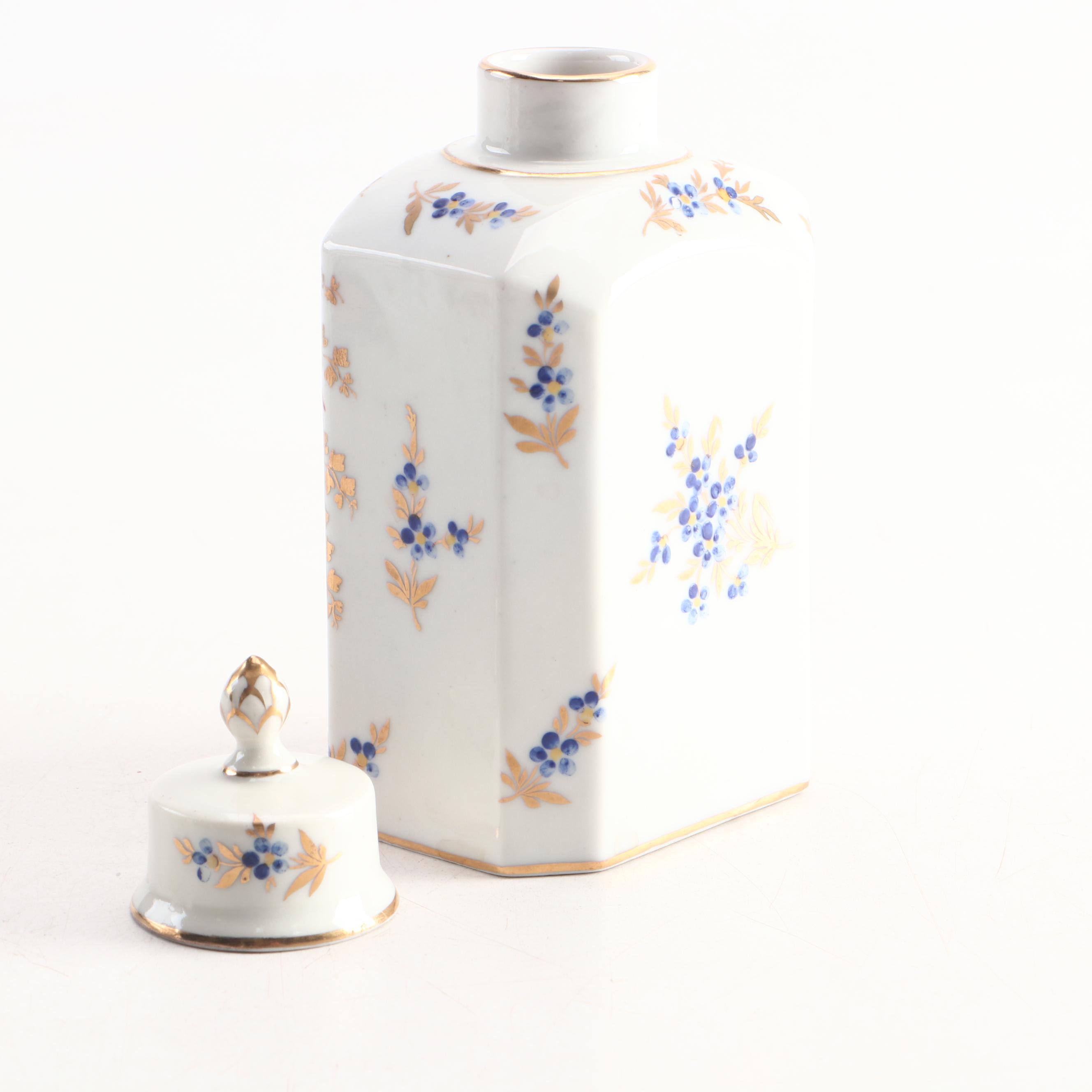Nast Hand-Painted Porcelain Tea Caddy with Porcelain Tea Pot and Creamer