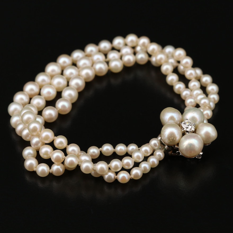 Vintage 14K Gold Pearl and Diamond Multi-Strand Bracelet