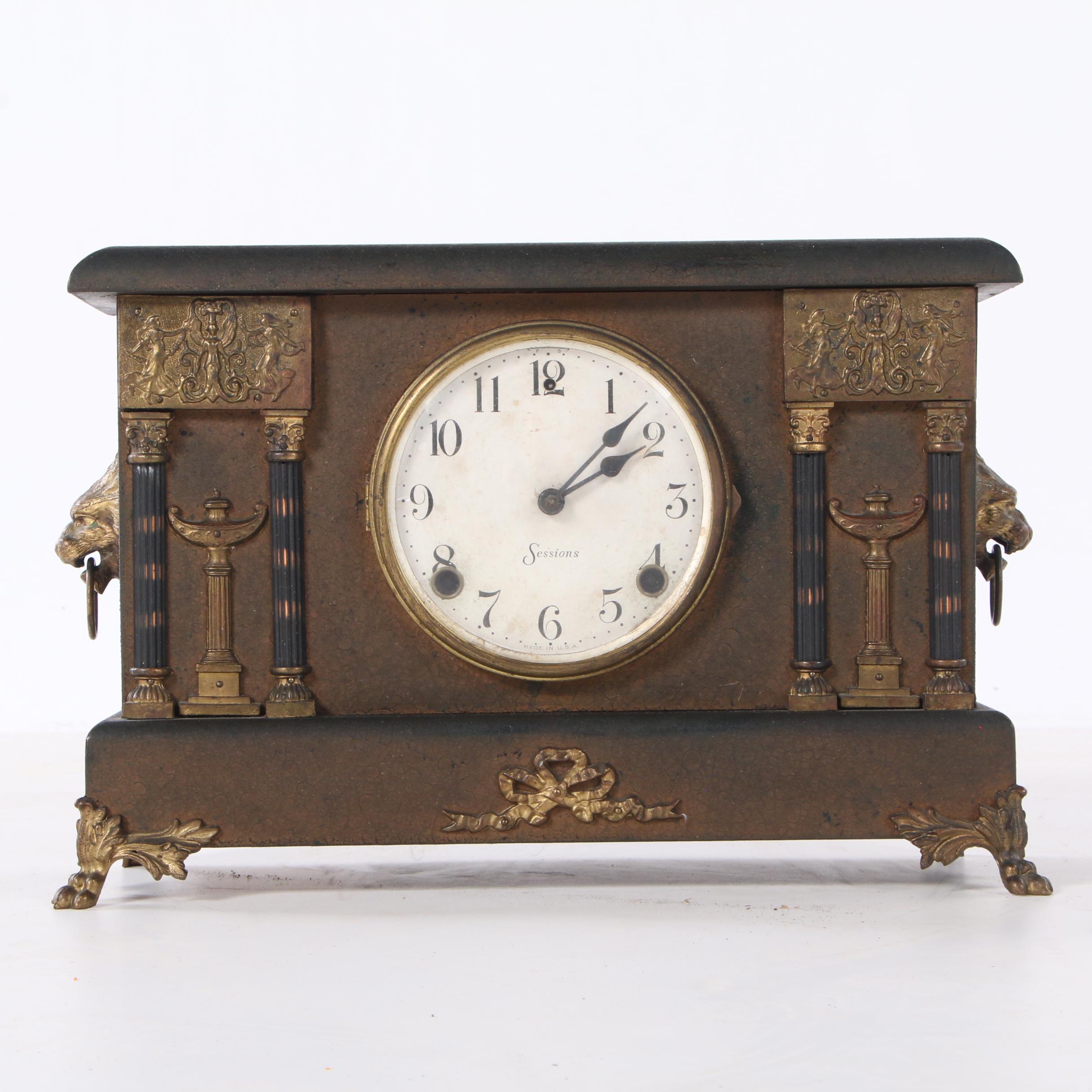 Sessions Neoclassical Style Pillar and Lions Head Mantel Clock, Late 19th C.