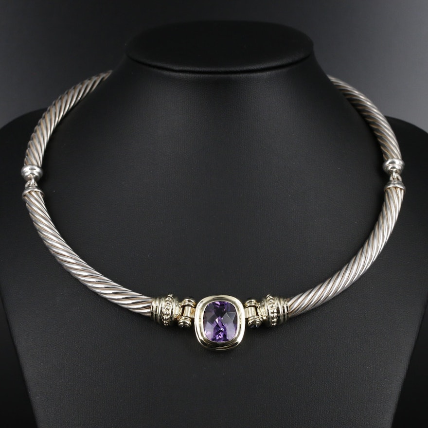 David Yurman Sterling Silver Amethyst and Iolite Necklace with 14K Accents