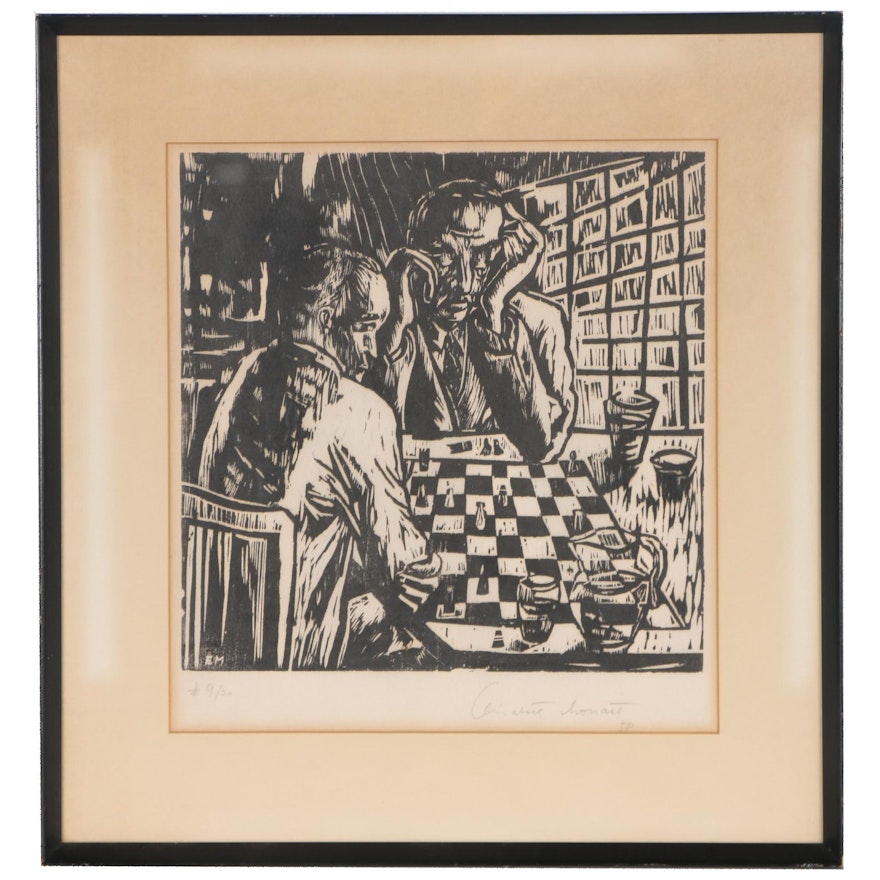 Elizabeth Monath Woodcut of Chess Players, 1958