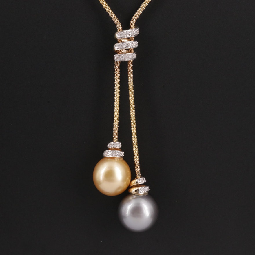 14K Gold Cultured Pearl and Diamond Necklace with 18K Gold Clasp