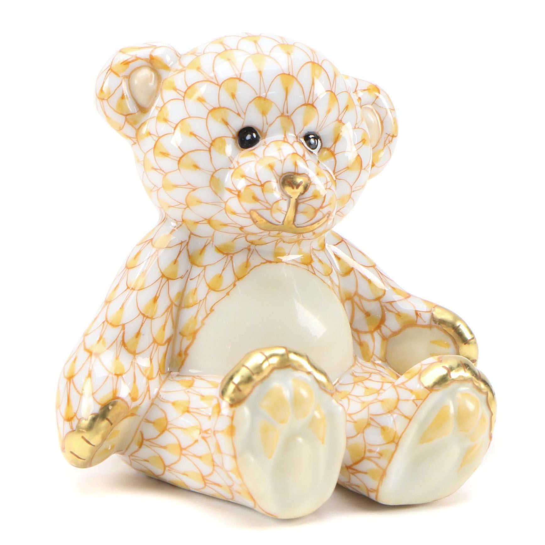 Herend Butterscotch Fishnet with Gold Porcelain "Teddy Bear" Figurine