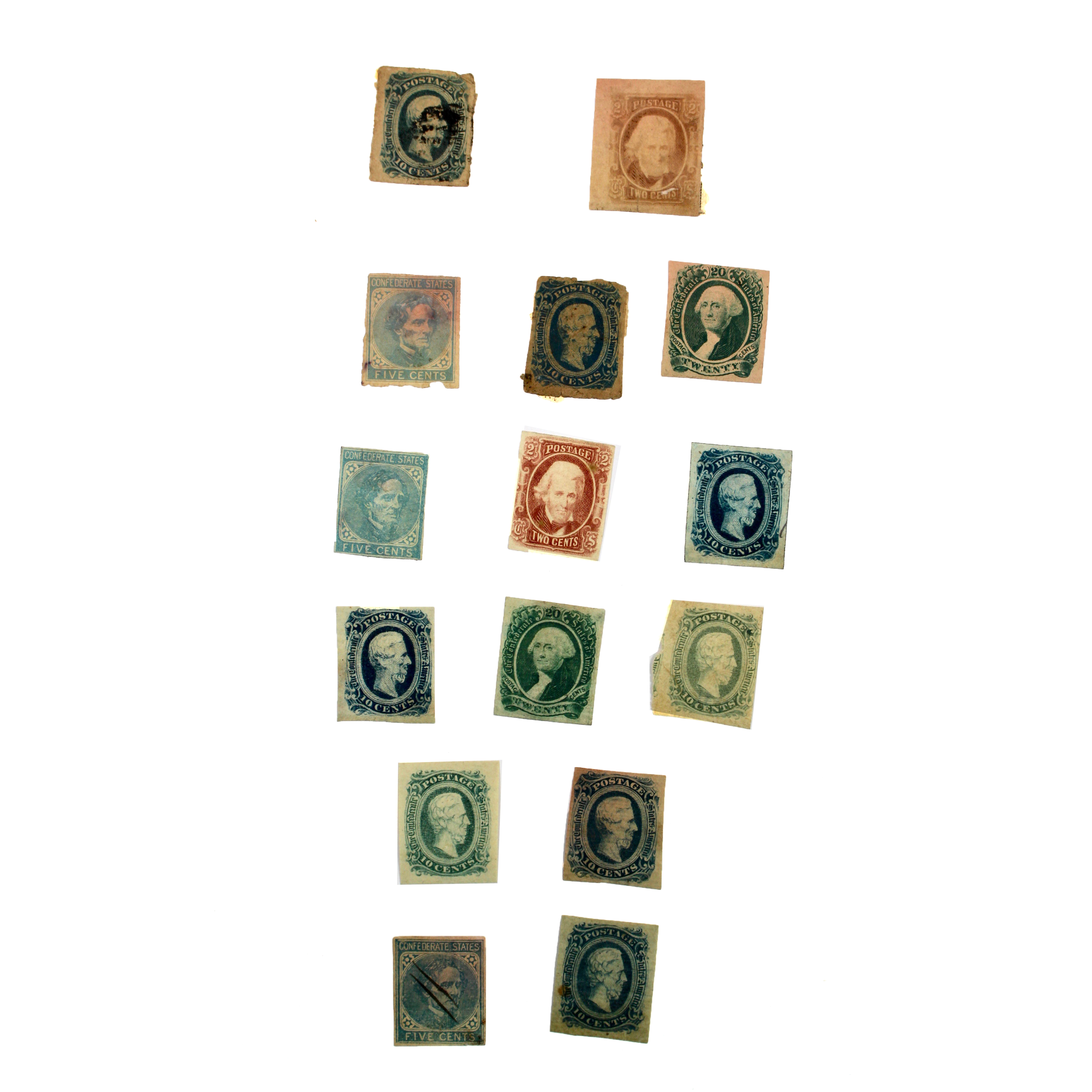 Fifteen Confederate States of America Postage Stamps