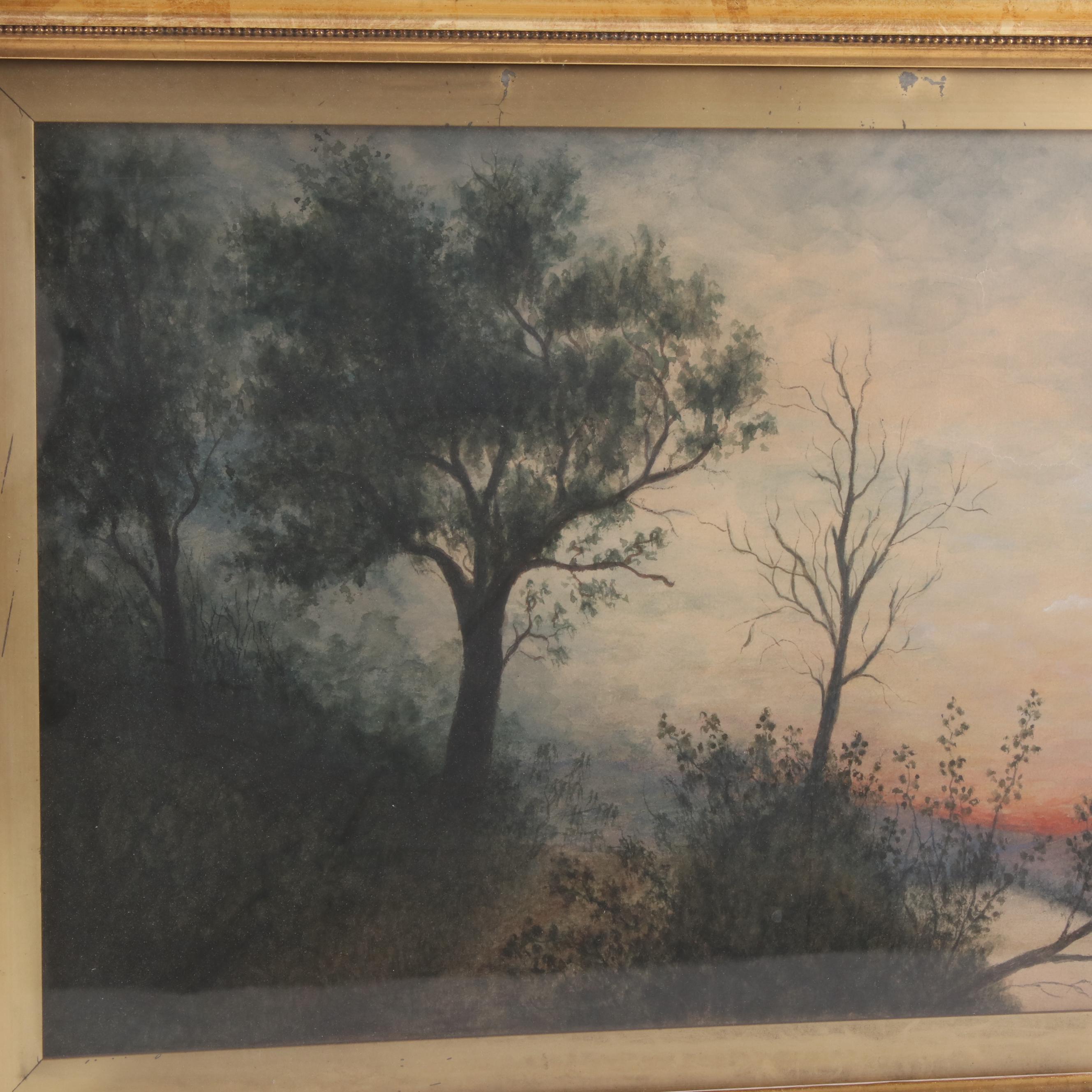 Hillside Forest Landscape Watercolor Painting, Late 19th to Early 20th Century