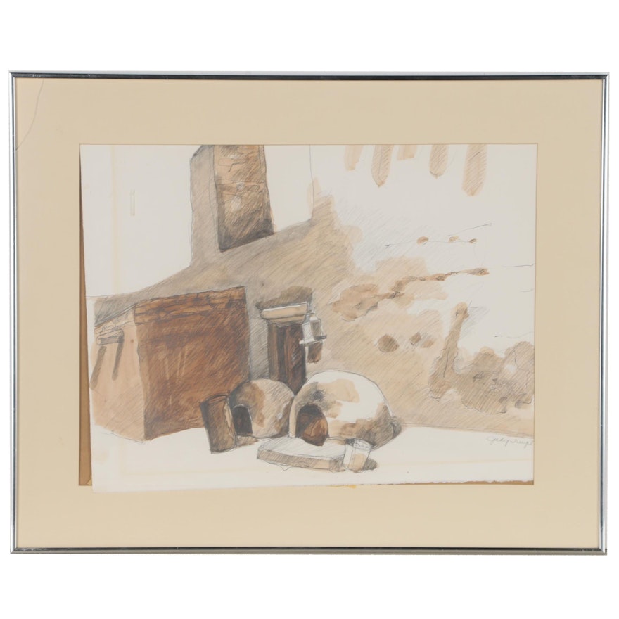 Judy Trujillo Watercolor Drawing of Pueblo Ovens, Late 20th Century