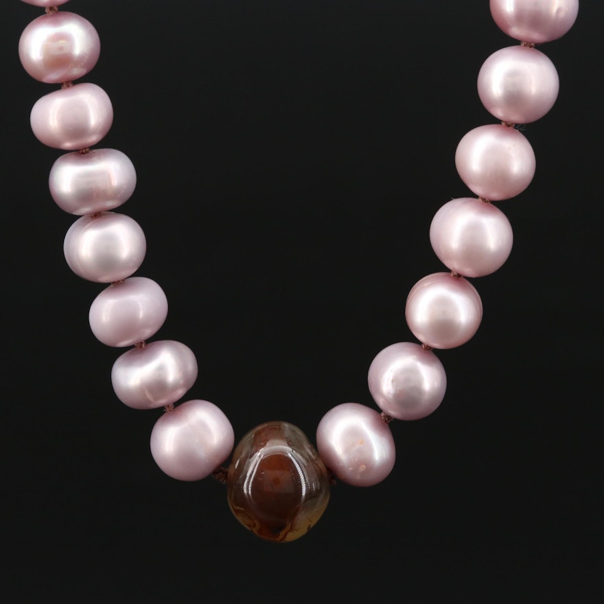 Hand Knotted Agate and Cultured Pearl Strand Necklace with 10K Yellow Gold Clasp