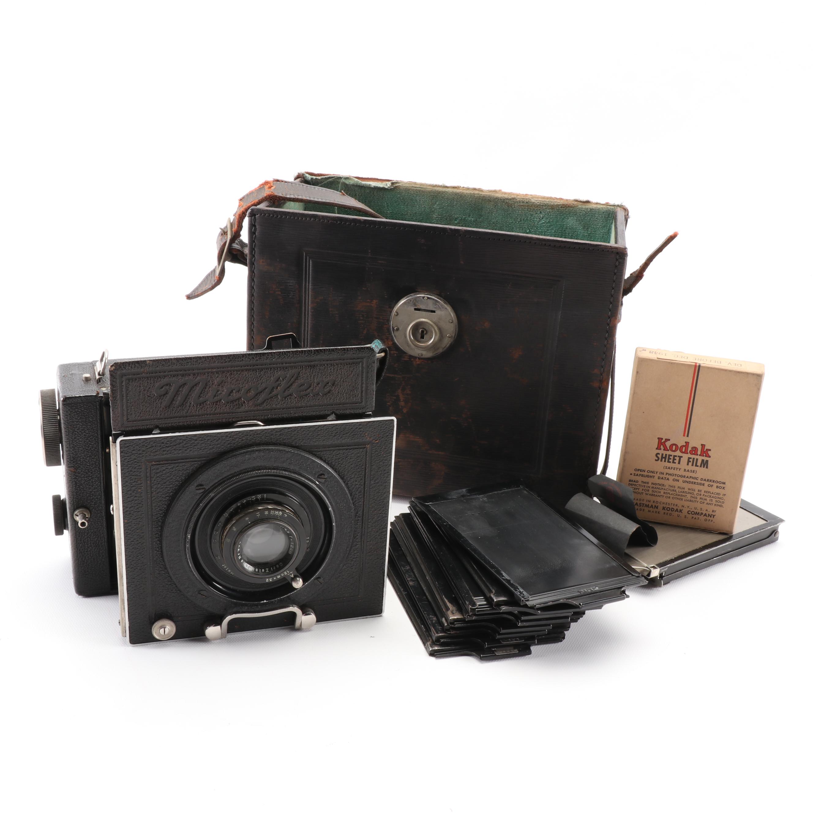 Zeiss Ikon Miroflex Folding Camera with Tessar Lens and Leather Carrying Case