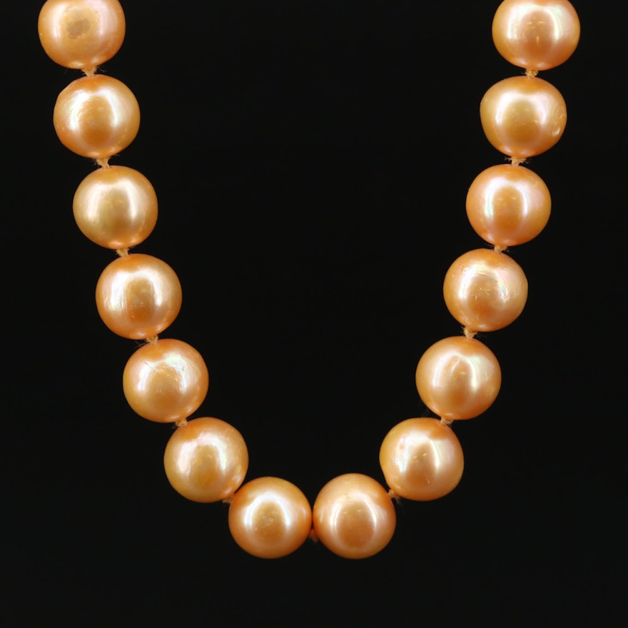 Hand Knotted Cultured Pearl Strand Necklace with 14K Yellow Gold Clasp