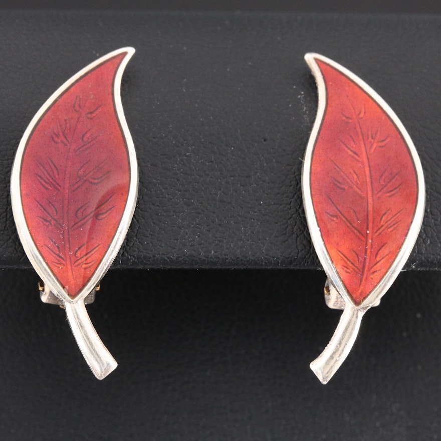 Vintage Willy Winnaess and David Andersen Sterling Silver Enamel Leaf Earrings