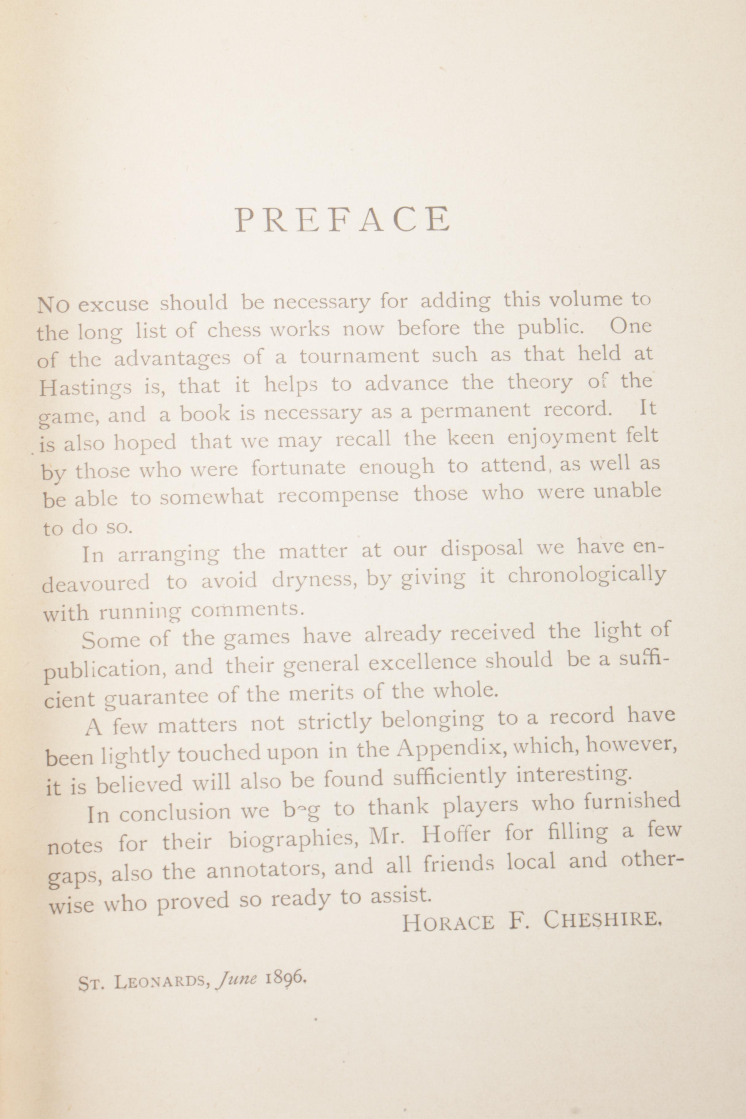 1896 First Edition "The Hastings Chess Tournament" Edited by Horace F. Cheshire