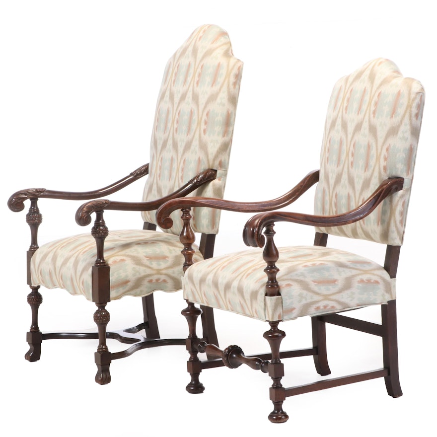 Renaissance Style Mahogany Upholstered Arm Chairs, 1940s