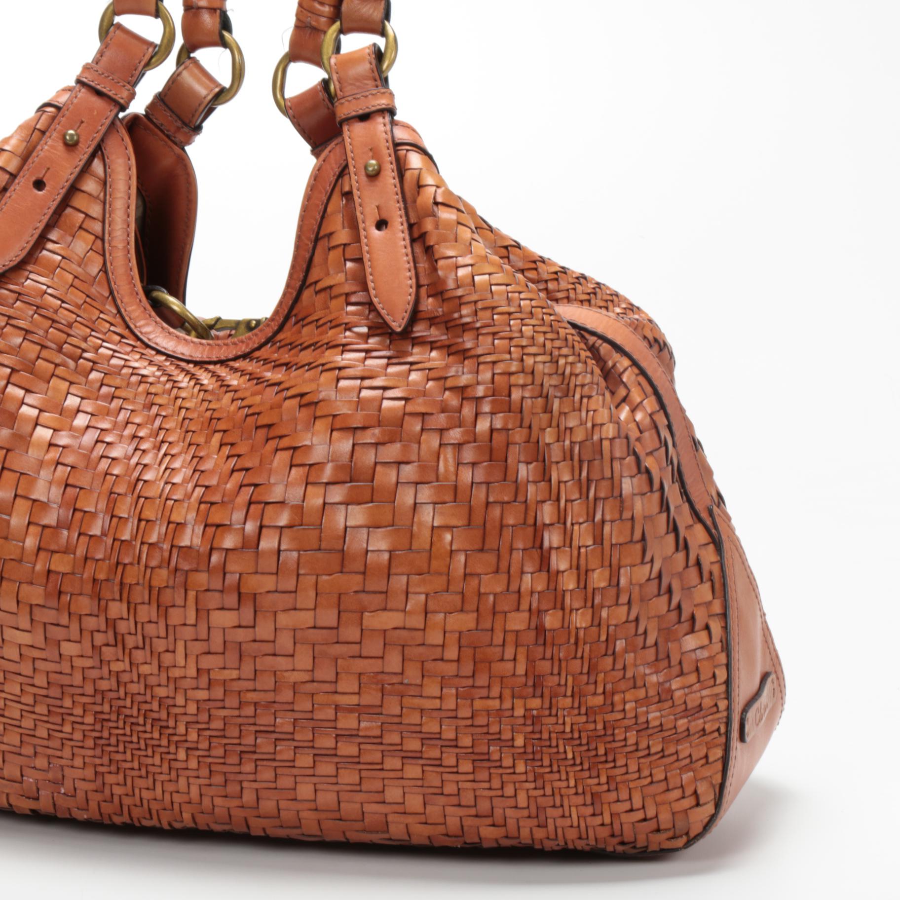 Cole Haan Woven Leather Genevieve Large Triangle Tote Shoulder Bag in Sequoia