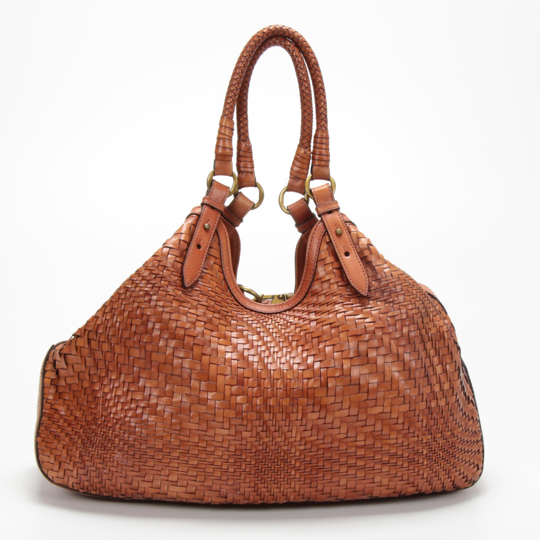 Cole Haan Woven Leather Genevieve Large Triangle Tote Shoulder Bag in Sequoia