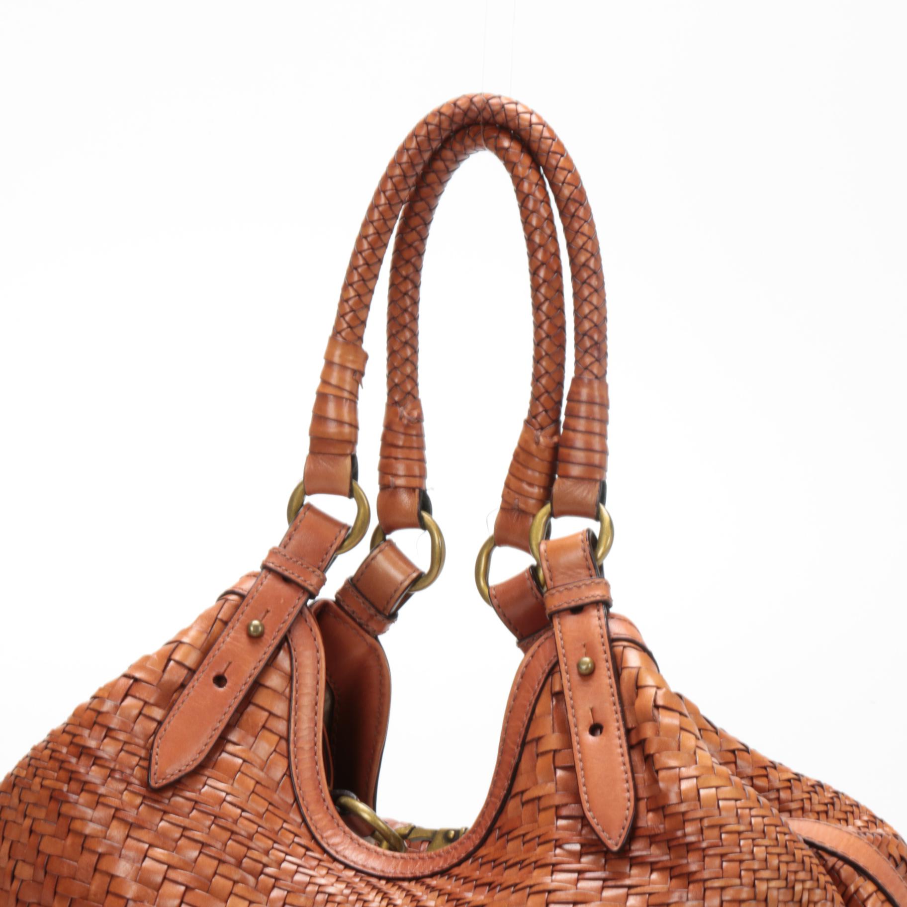 Cole Haan Woven Leather Genevieve Large Triangle Tote Shoulder Bag in Sequoia