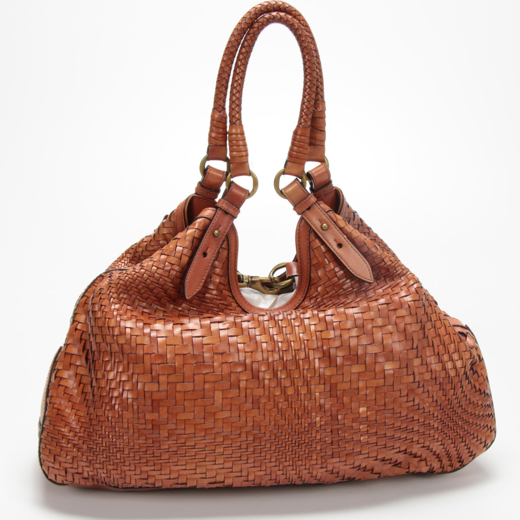 Cole Haan Woven Leather Genevieve Large Triangle Tote Shoulder Bag in Sequoia