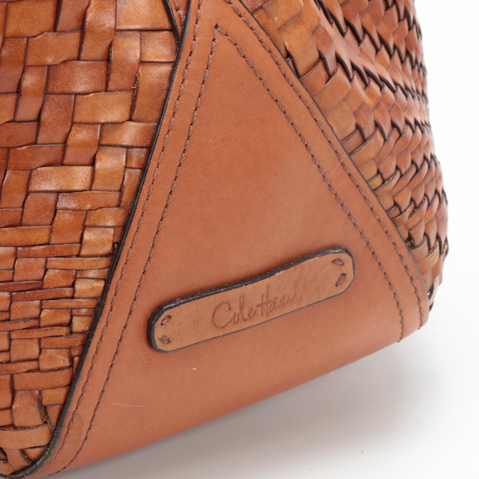 Cole Haan Woven Leather Genevieve Large Triangle Tote Shoulder Bag in Sequoia