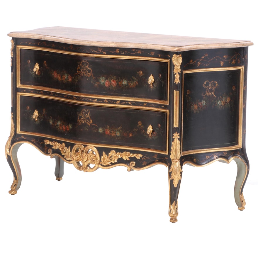 Rococo Style Painted Wood Faux Marble Top Commode, Late 20th Century