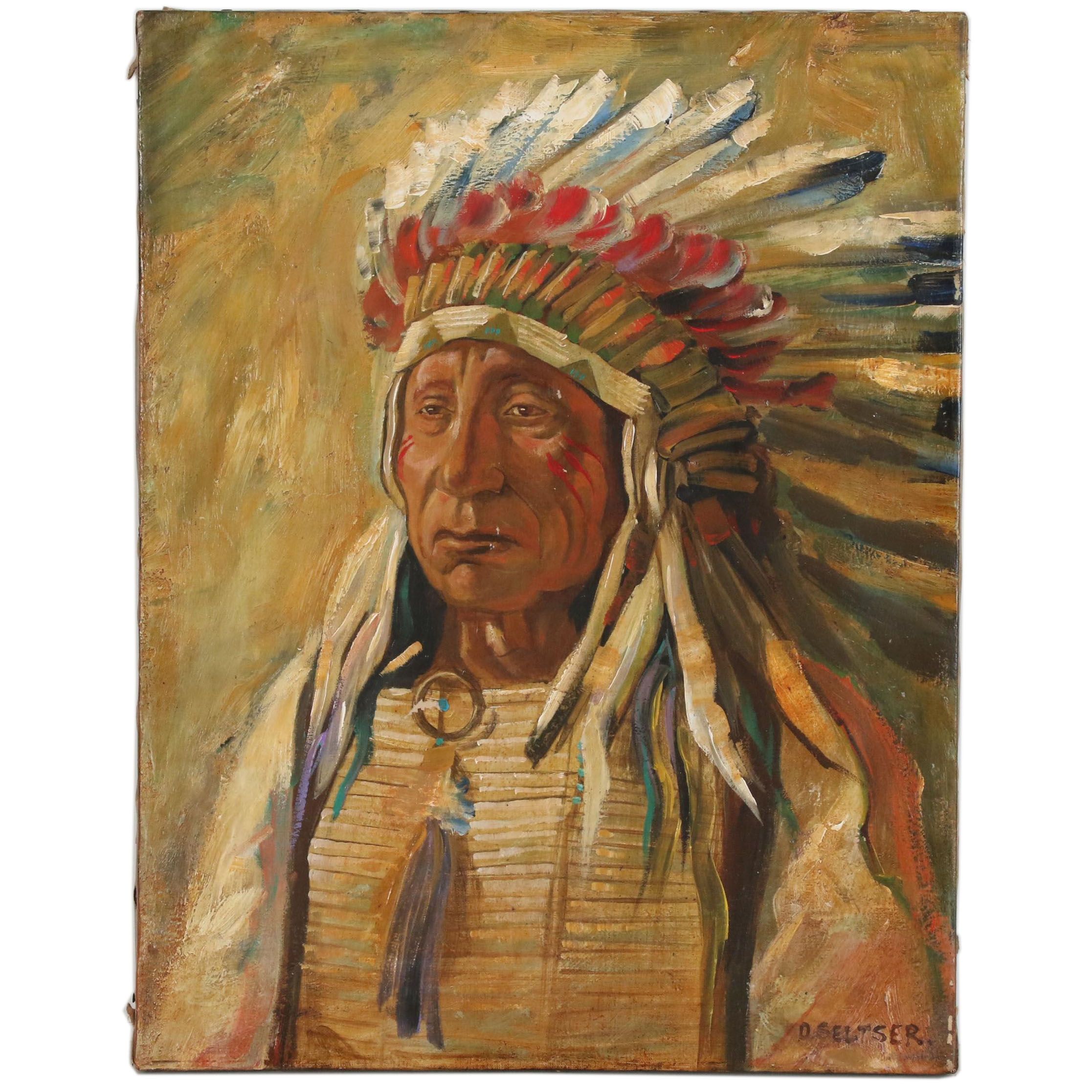 Oil Portrait of Native American in the Style of Olaf C. Seltzer