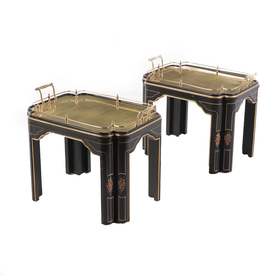 Chinese Style Lacquered Wood and Brass Tray End Tables, Late 20th Century