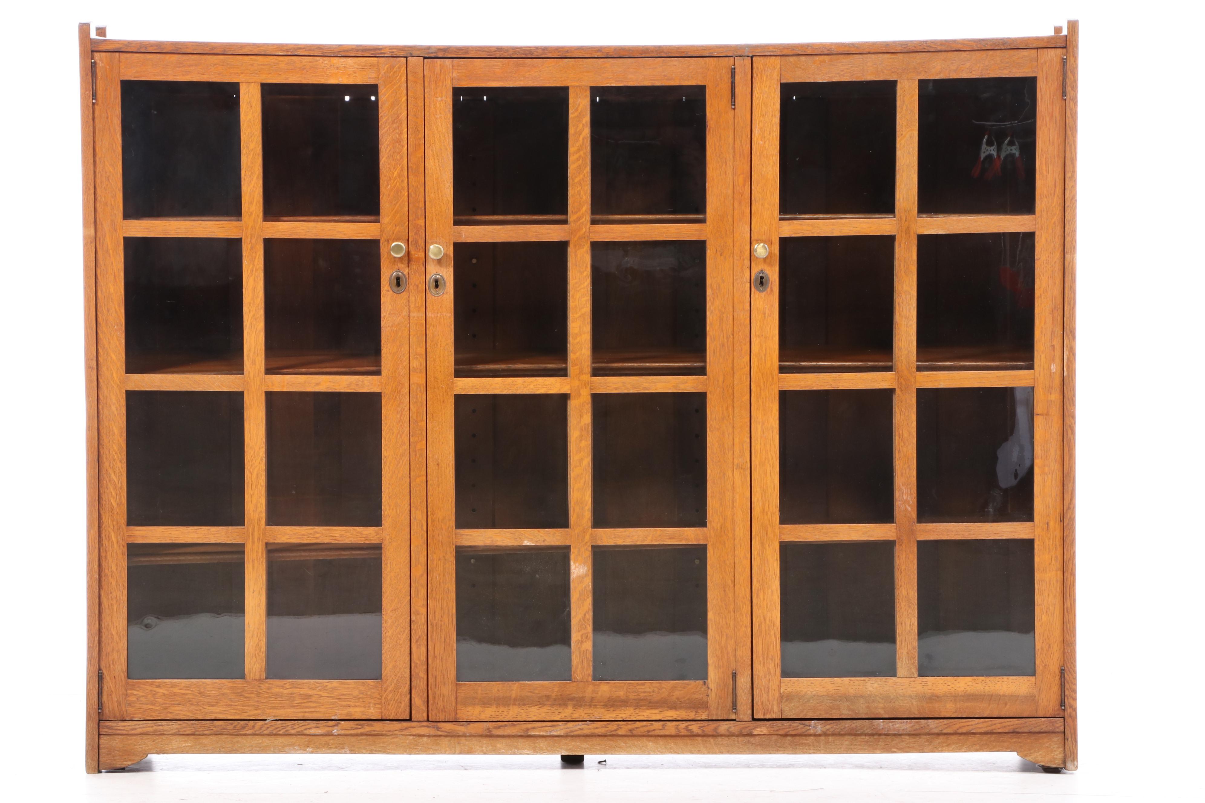 Stickley Bros Arts and Crafts Oak Triple-Door Bookcase, Early 20th Century