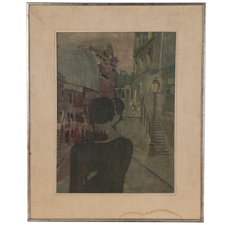 Pierre Courtens Modernist Oil Painting of Couple on City Street