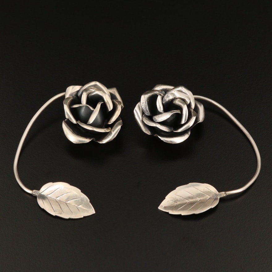 Vintage Toyokoki 950 Silver Rose Ear Cuffs