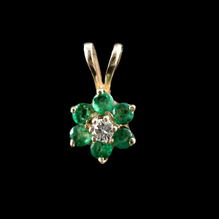 14K Gold Diamond and Emerald Floral Pendant