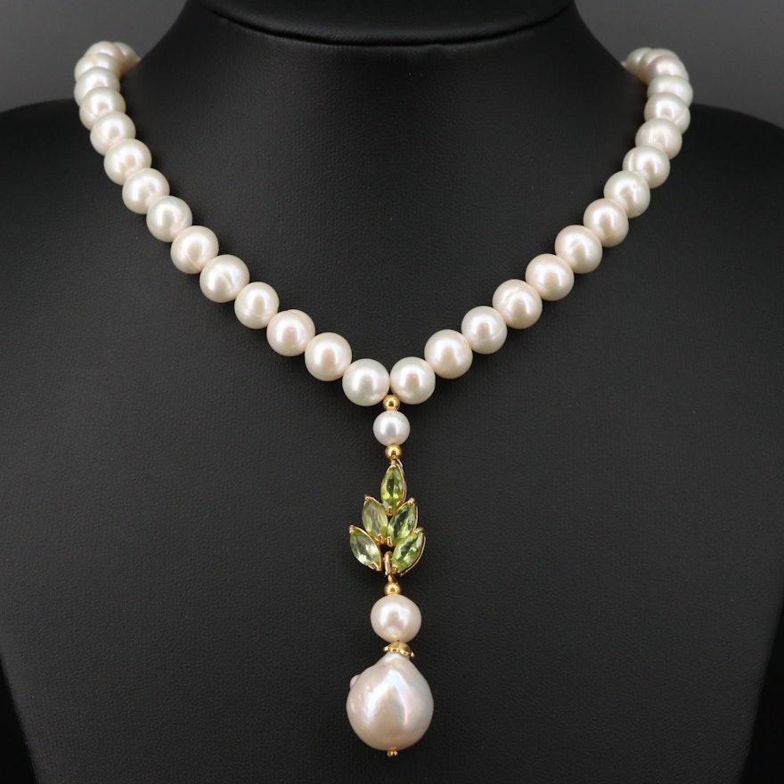 Sterling Silver Cultured Pearl and Peridot Necklace