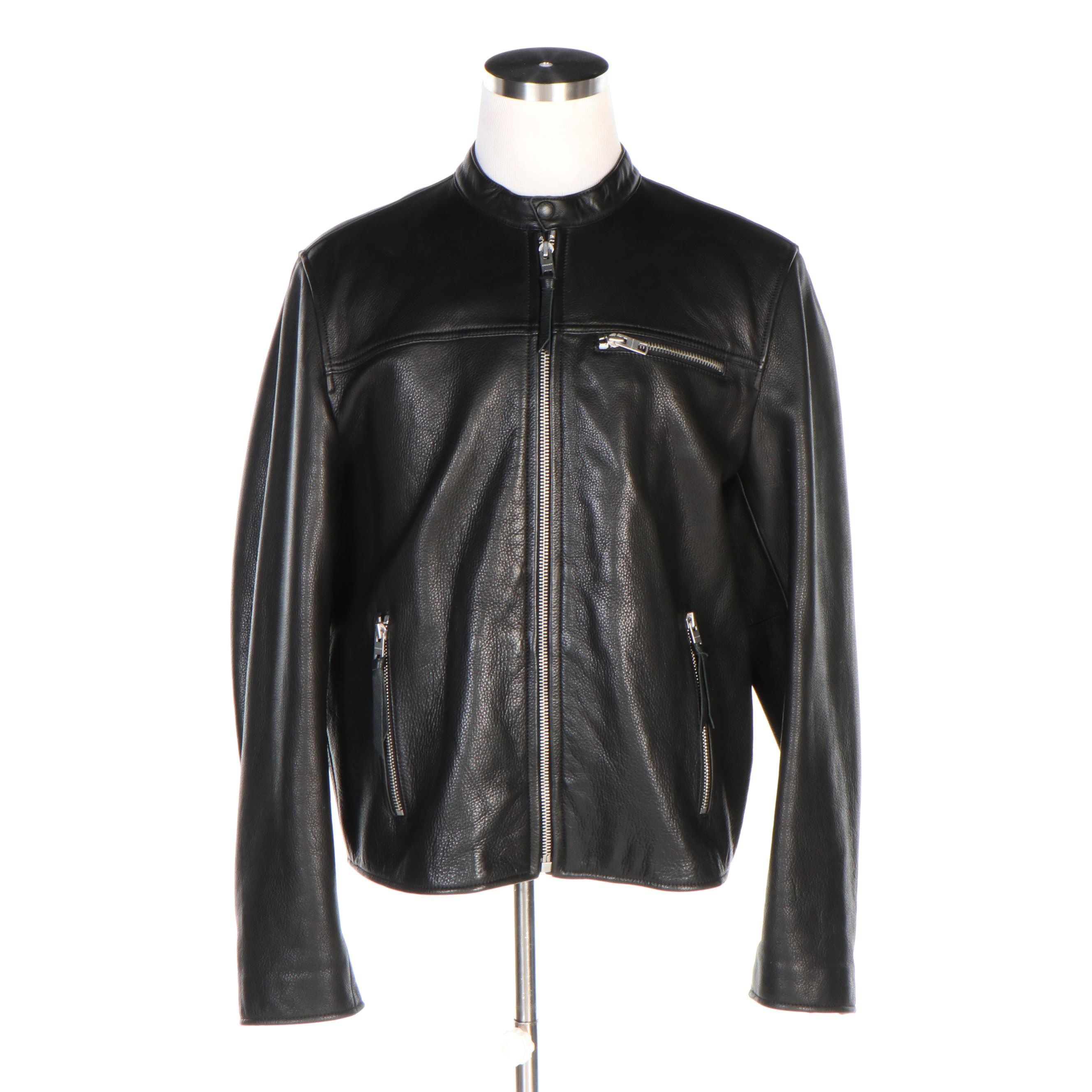 Men's Coach New York Black Grained Leather Zip Jacket