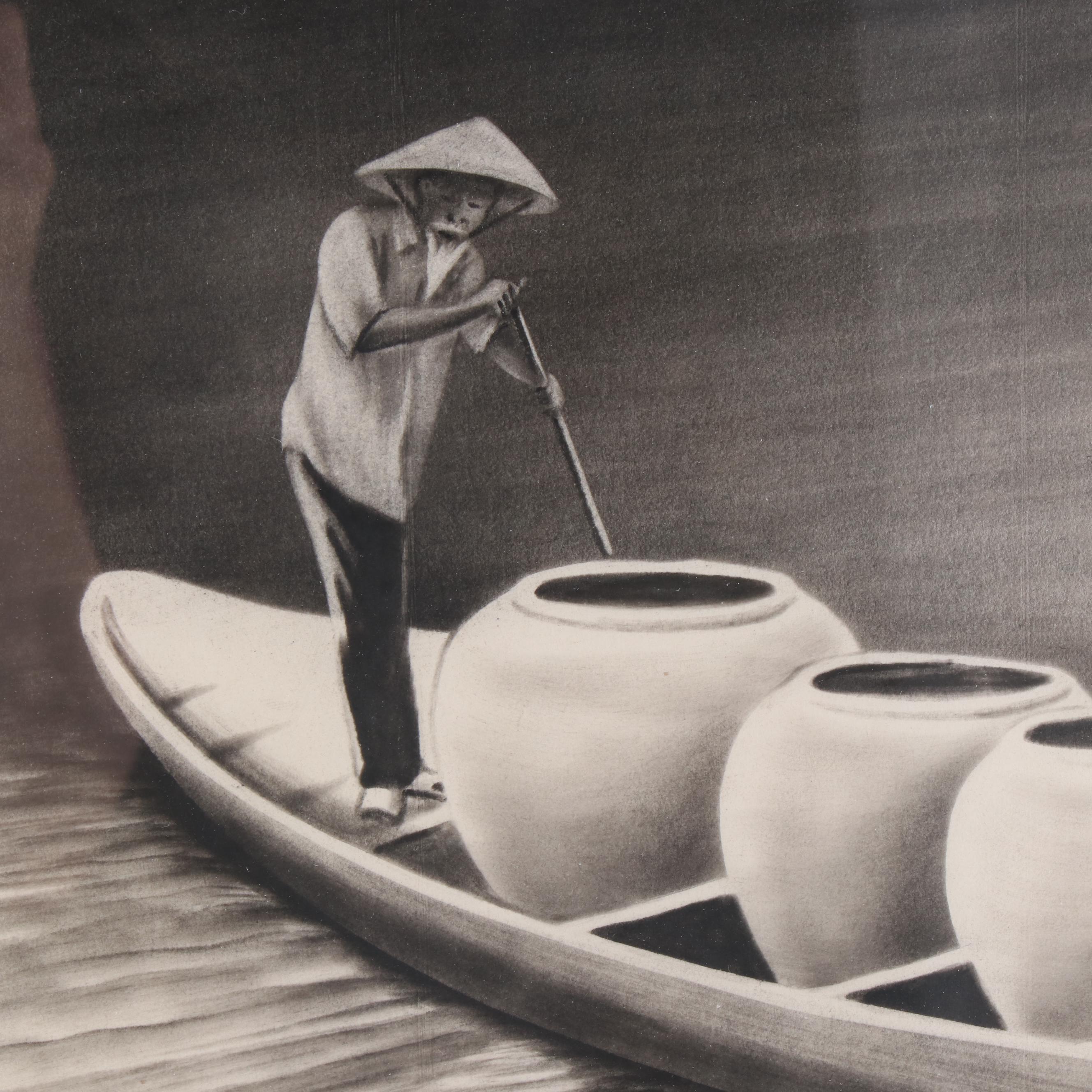 Charcoal Drawing of Chinese Man Steering a Sampan