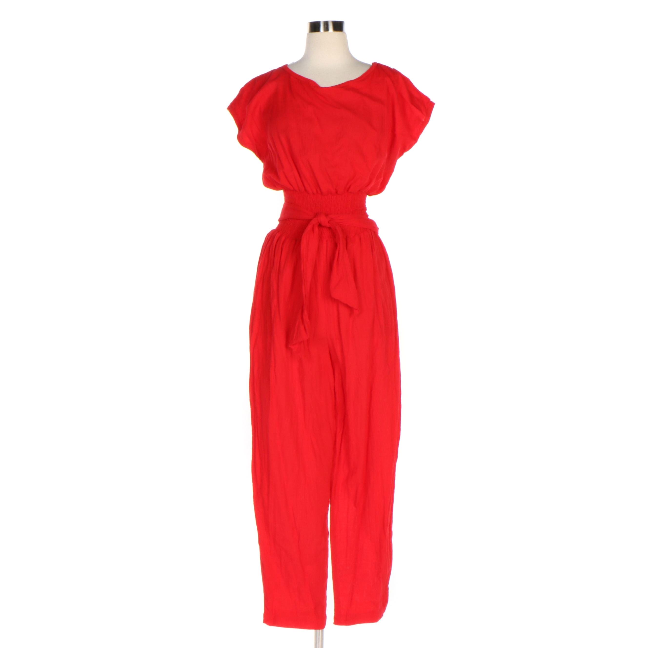 Cole Sport for Saks Fifth Avenue Red Cotton Jumpsuit with Smocked Waistband