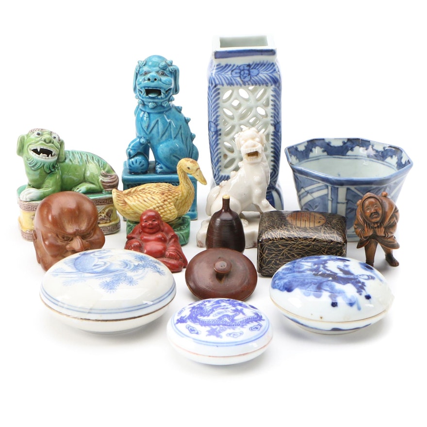 Chinese Guardian Lion Figurines with Hand-Painted Porcelain and Other Décor