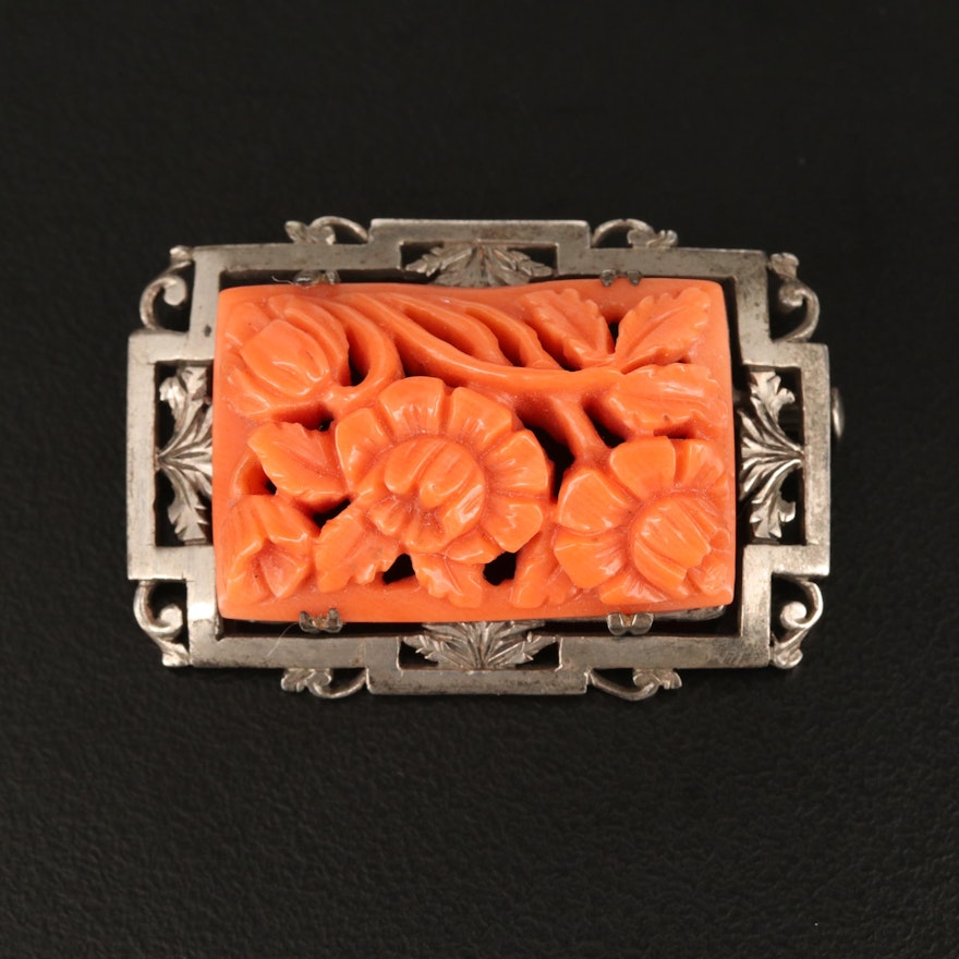 Circa 1930s Sterling Carved Coral Floral Brooch