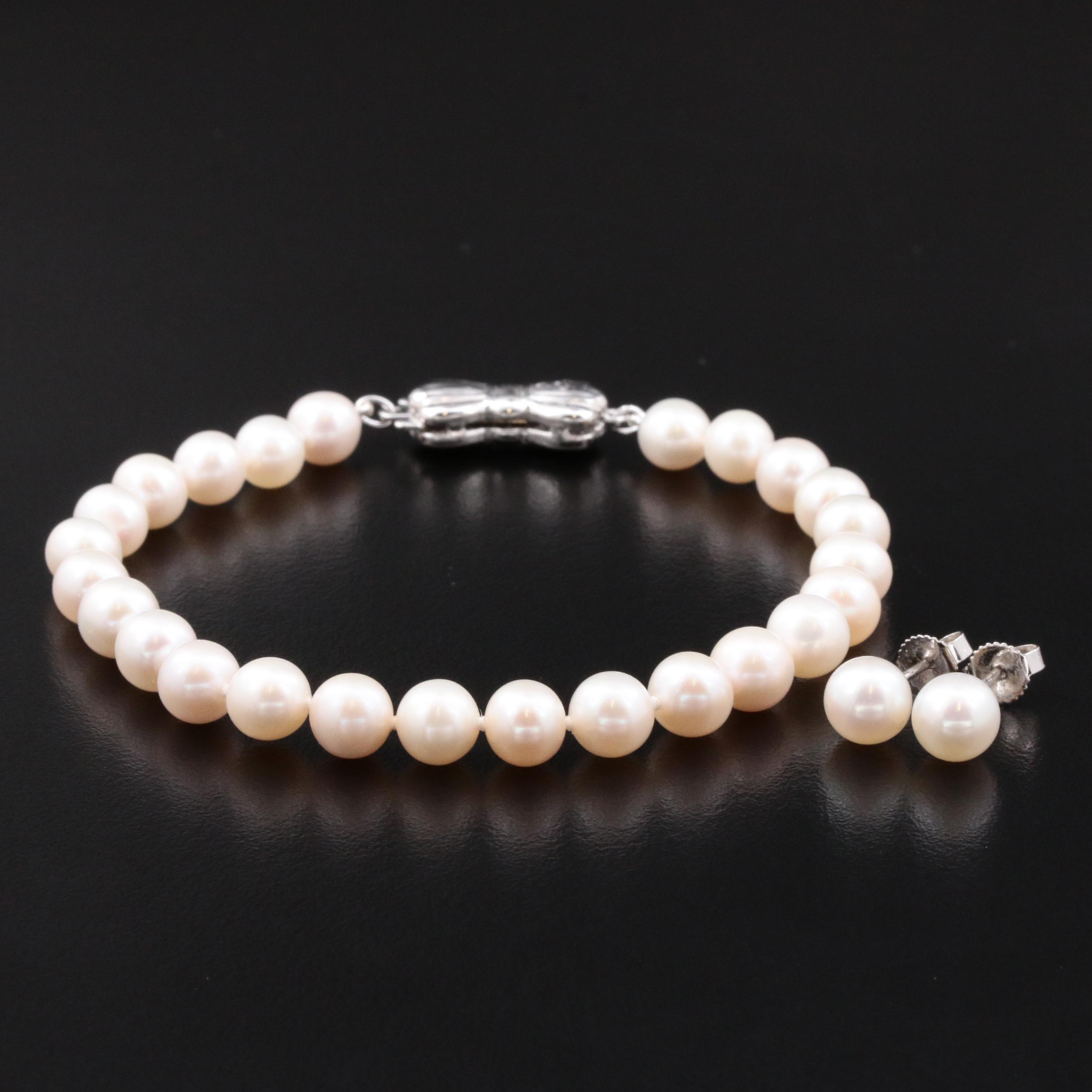 Sea Magic By Mikimoto Pearl Sterling Bracelet and 14K Pearl Stud Earrings