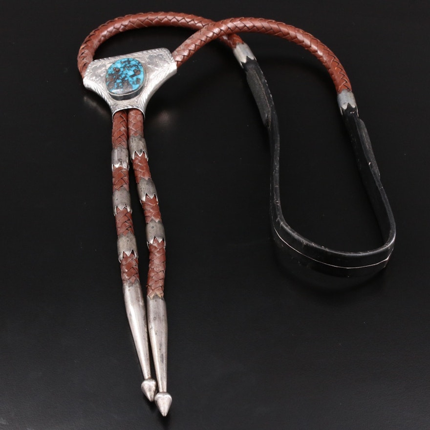 Victor Cedarstaff Southwestern Style Engraved Sterling Silver Turquoise Bolo Tie