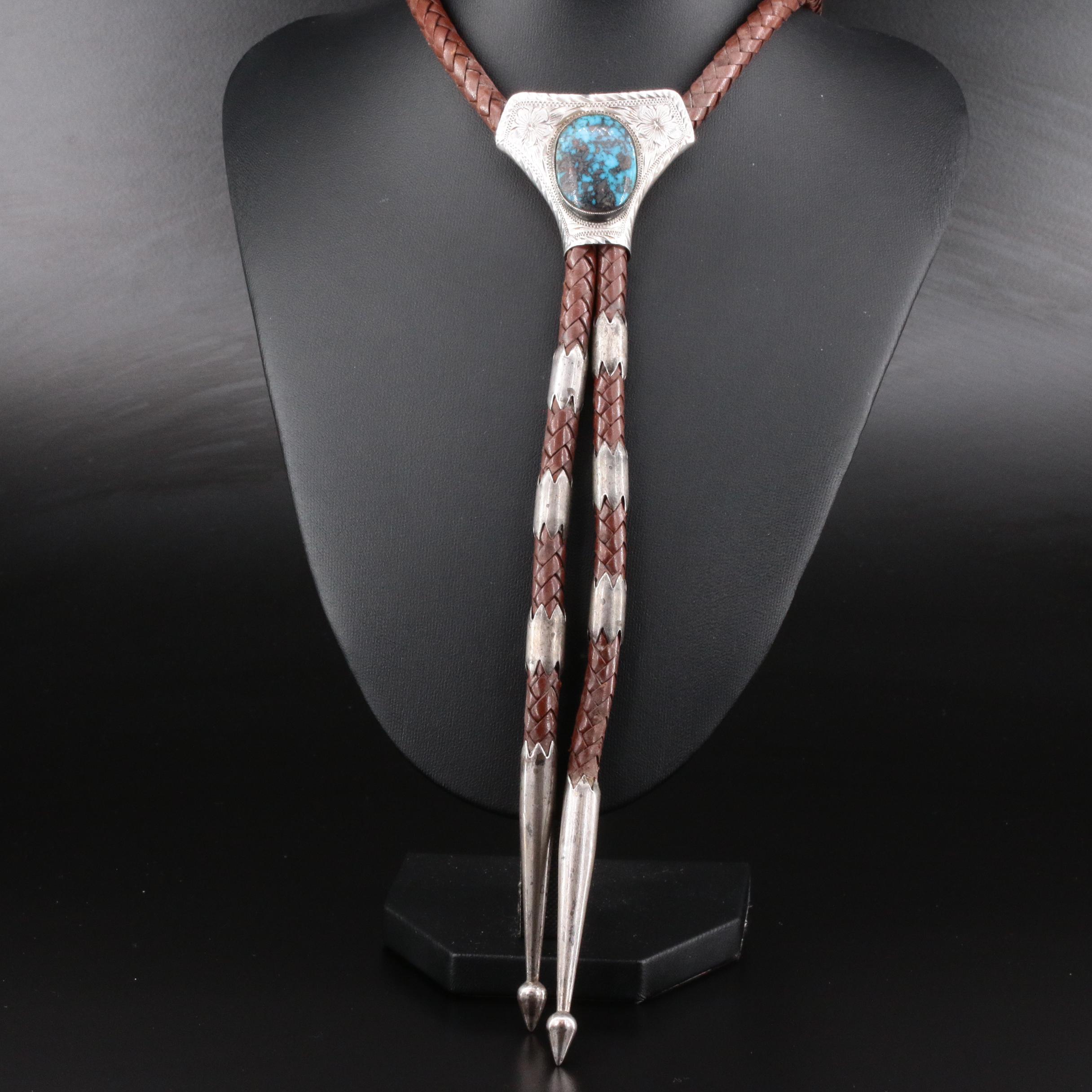 Victor Cedarstaff Southwestern Style Engraved Sterling Silver Turquoise Bolo Tie