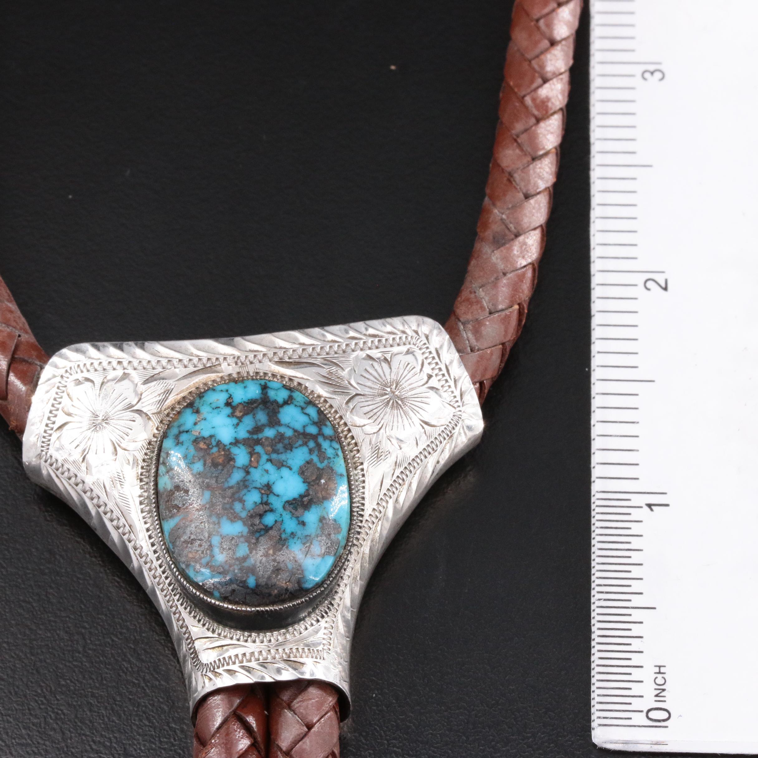 Victor Cedarstaff Southwestern Style Engraved Sterling Silver Turquoise Bolo Tie