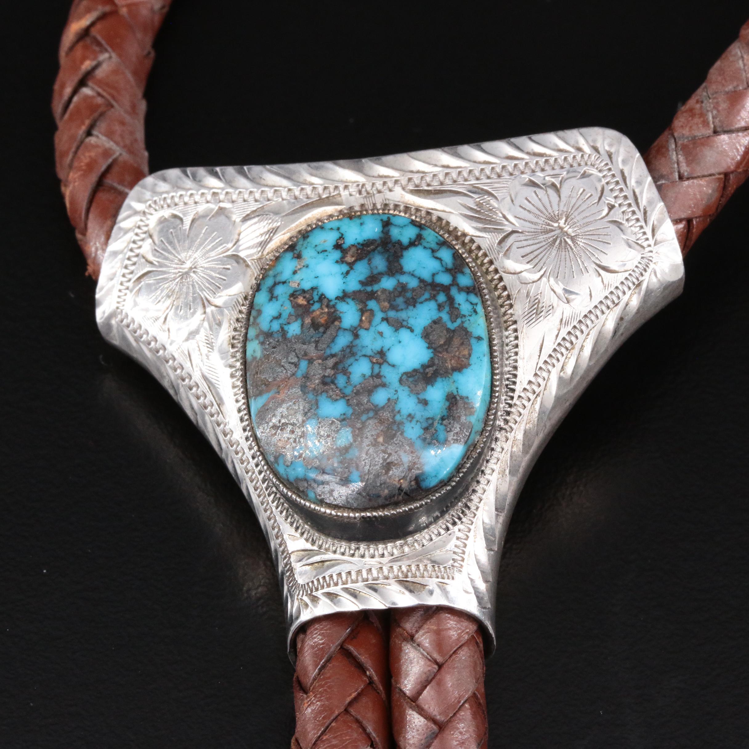 Victor Cedarstaff Southwestern Style Engraved Sterling Silver Turquoise Bolo Tie