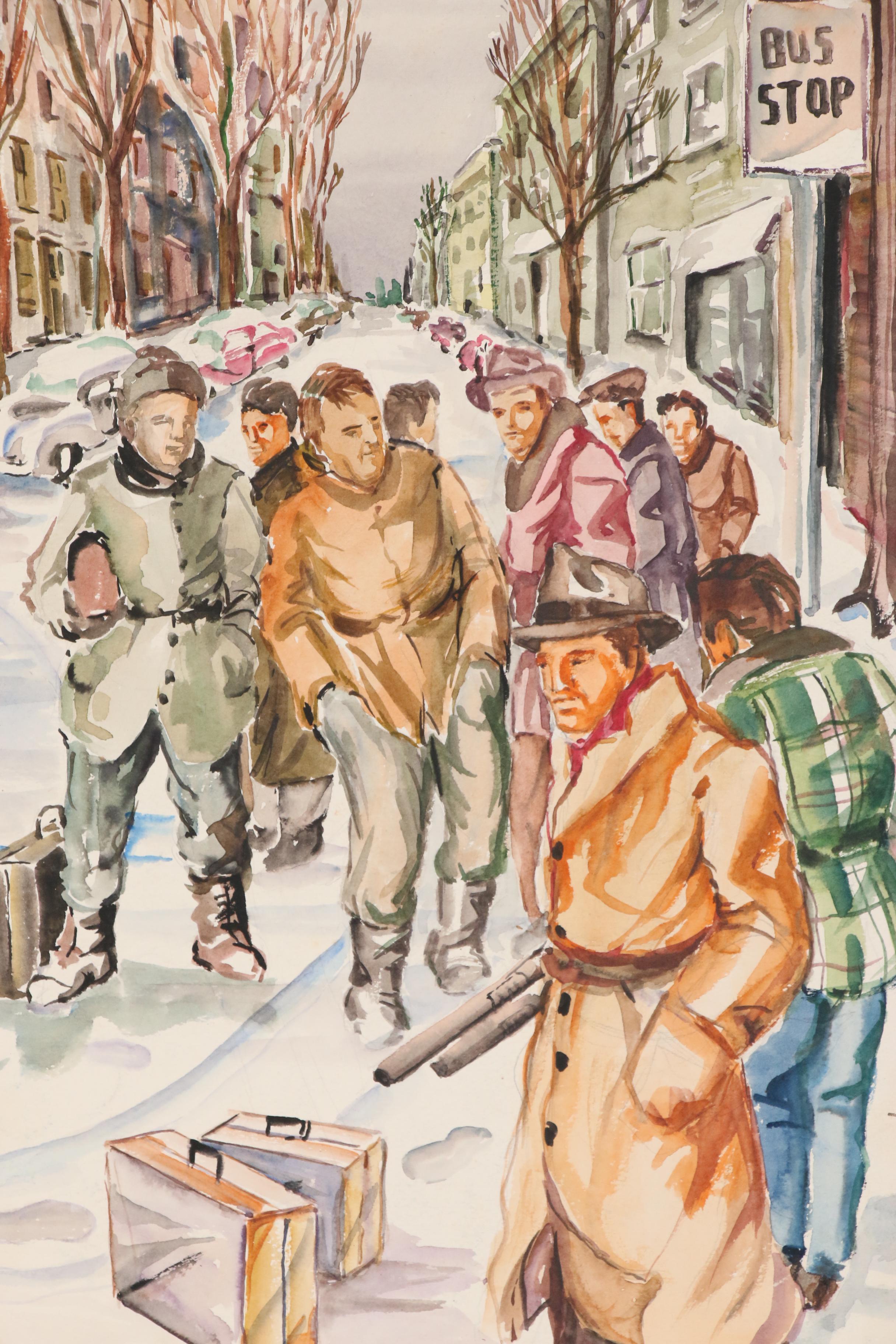 Ernest Fiene Watercolor Painting of Street Scene with Pedestrians
