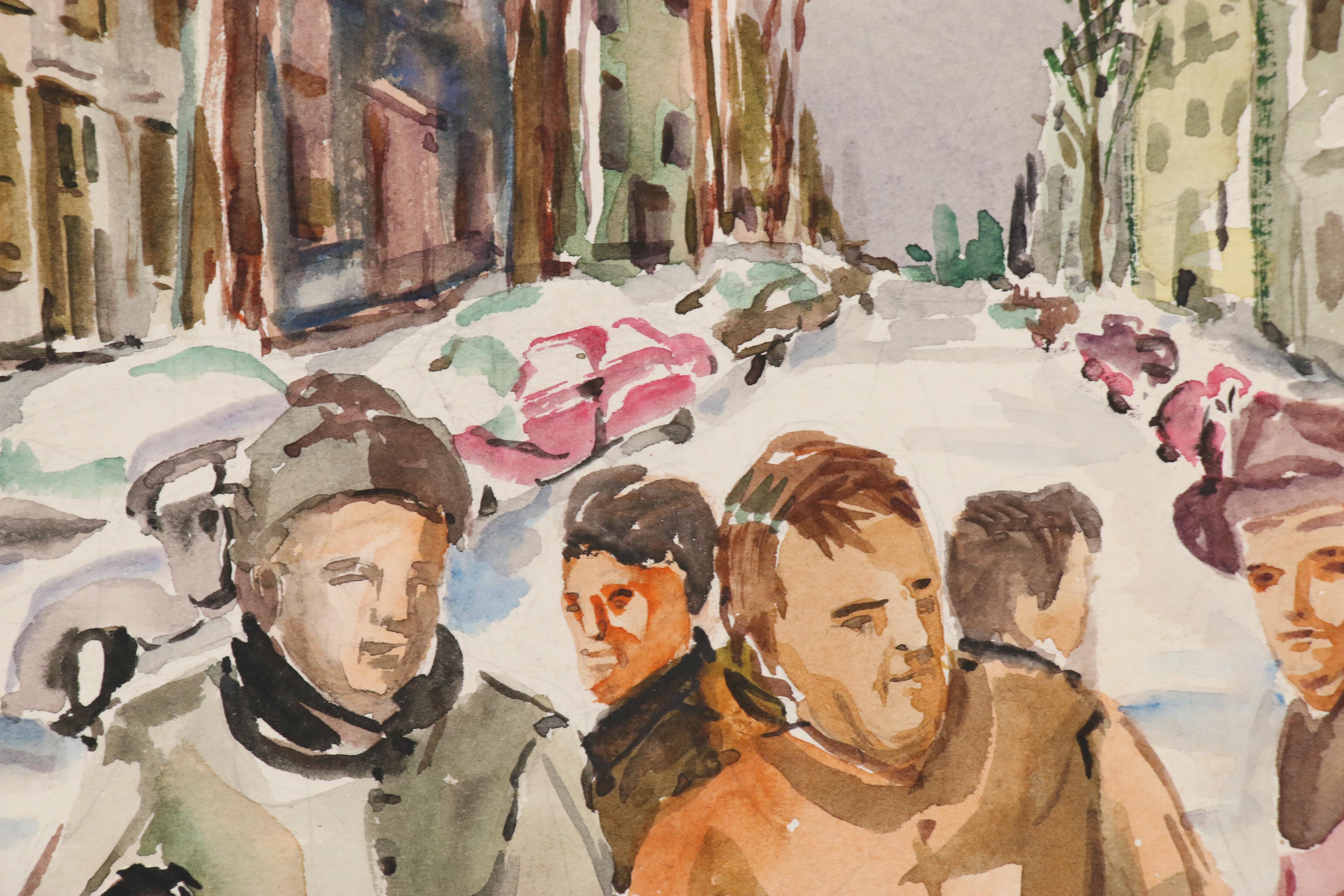Ernest Fiene Watercolor Painting of Street Scene with Pedestrians