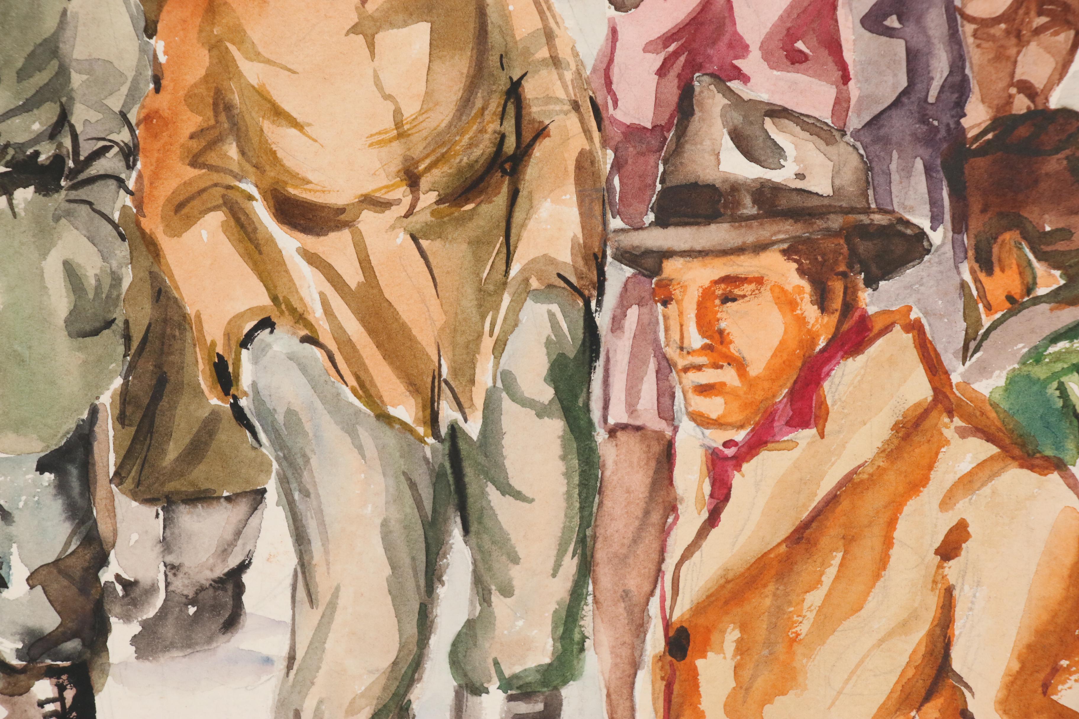 Ernest Fiene Watercolor Painting of Street Scene with Pedestrians