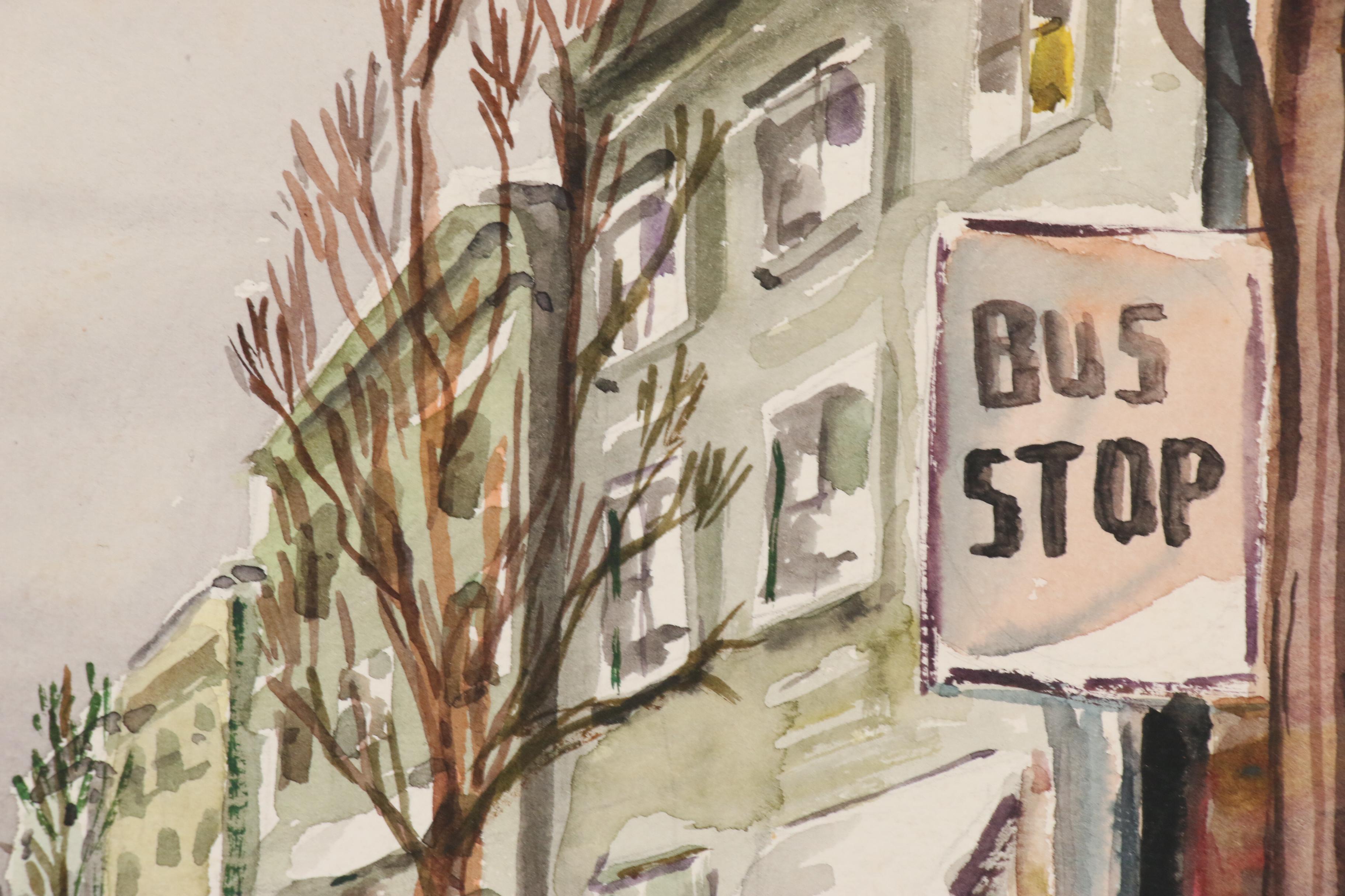 Ernest Fiene Watercolor Painting of Street Scene with Pedestrians