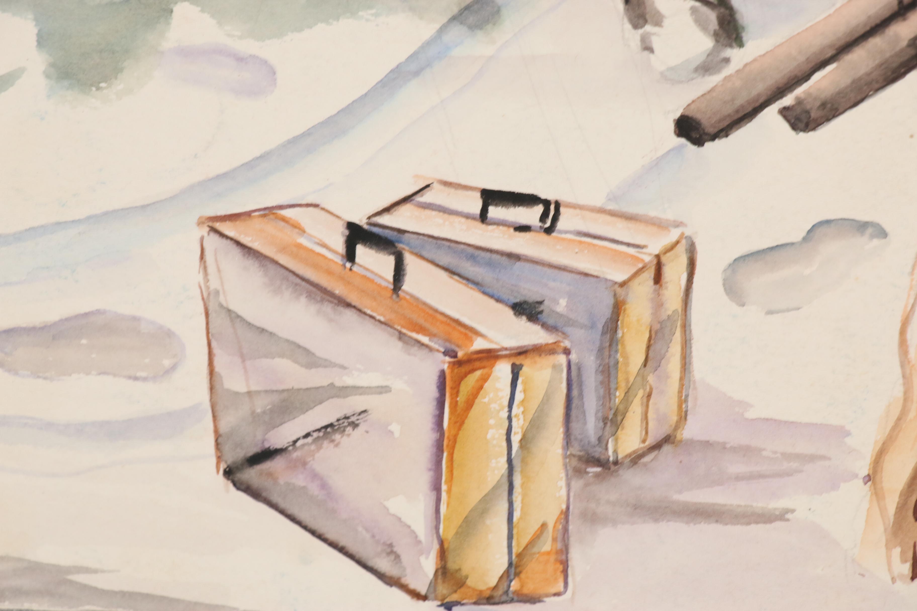 Ernest Fiene Watercolor Painting of Street Scene with Pedestrians