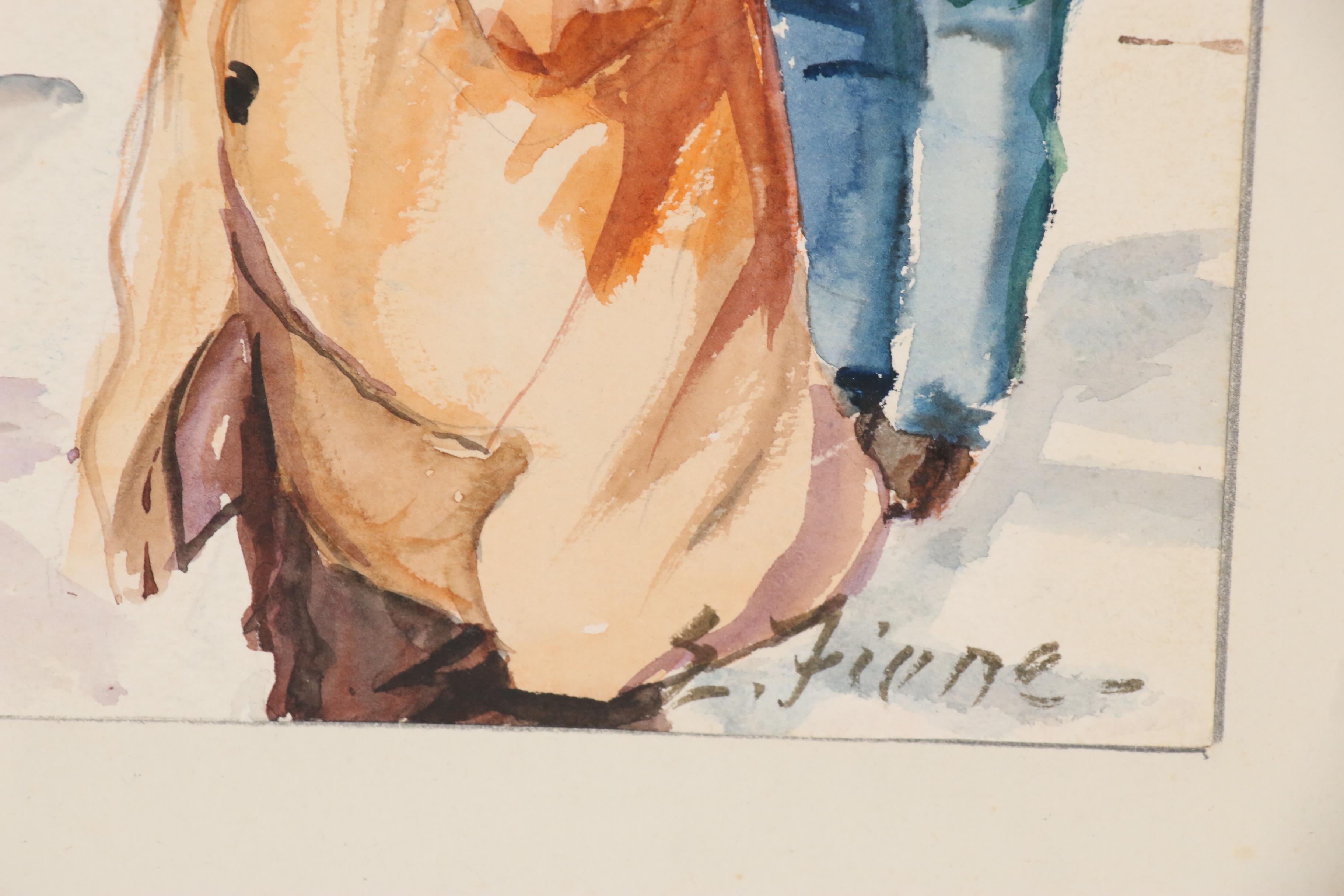 Ernest Fiene Watercolor Painting of Street Scene with Pedestrians