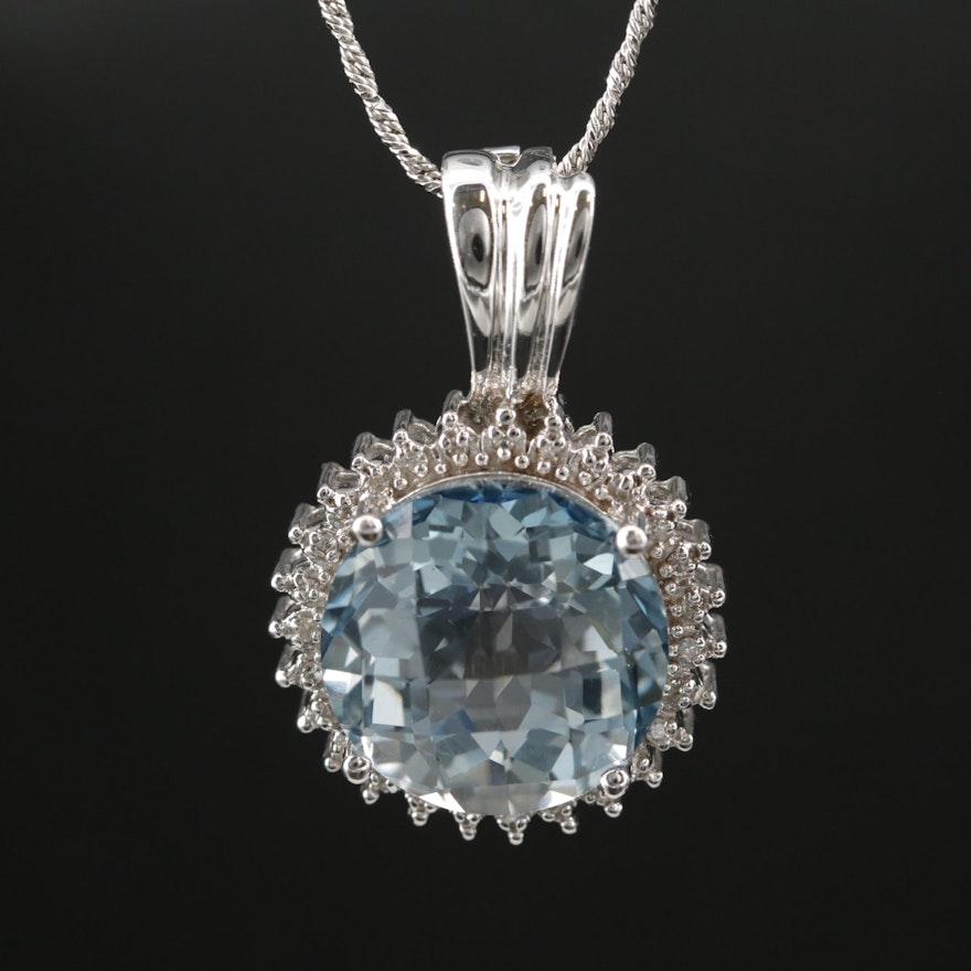 14K White Gold Topaz and Diamond Enhancer Pendant Necklace