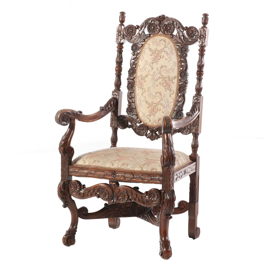 Renaissance Style Carved Walnut Arm Chair, Early 20th Century