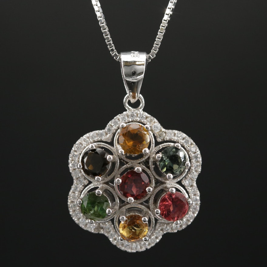 Sterling Tourmaline, Citrine and Cubic Zirconia Pendant Necklace