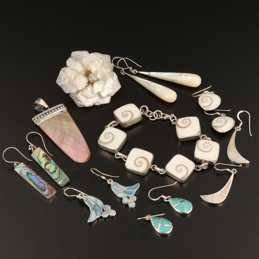 Sterling Assorted Jewelry with Shell, Abalone and Mother of Pearl