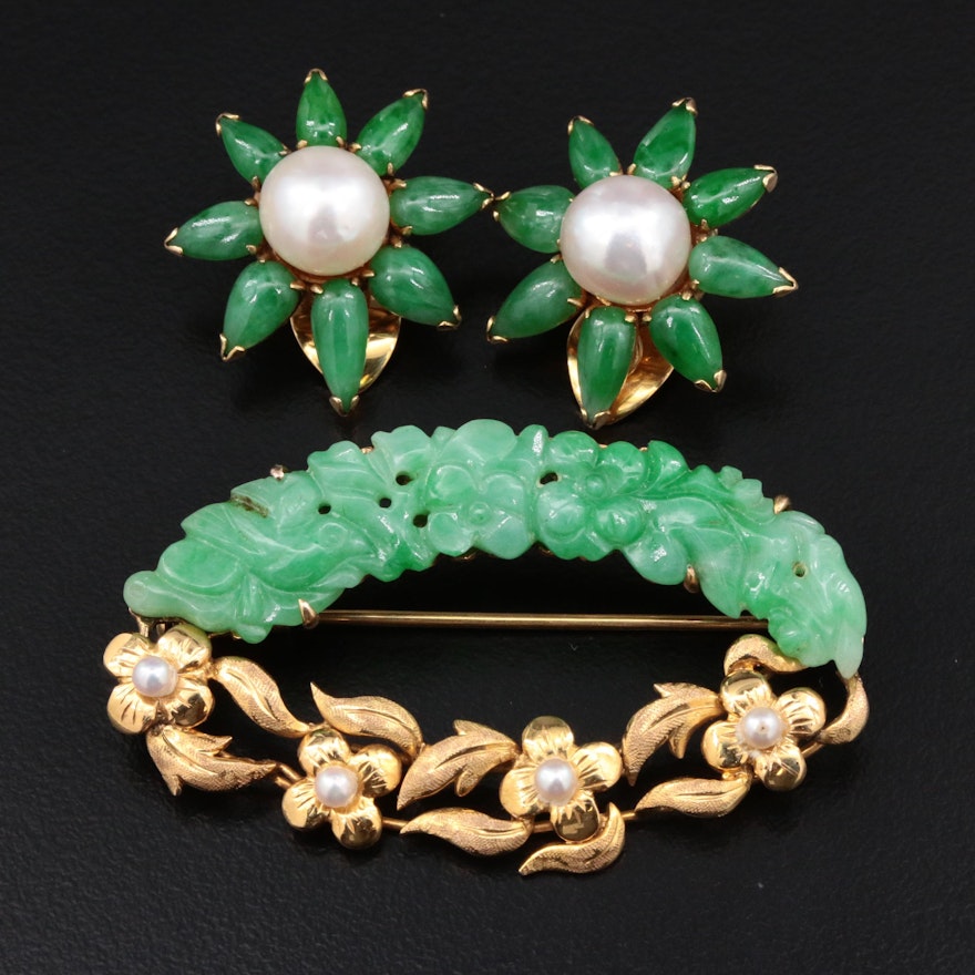 Vintage 14K Yellow Gold Jadeite and Cultured Brooch and Earrings Set